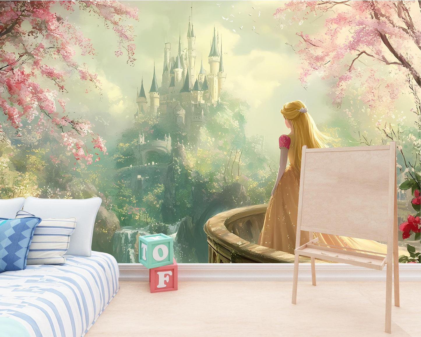 Princess Castle Wall Mural – Fairytale Girl Room Decor, Fantasy Castle Wallpaper for Nursery or Kids Room Vn092