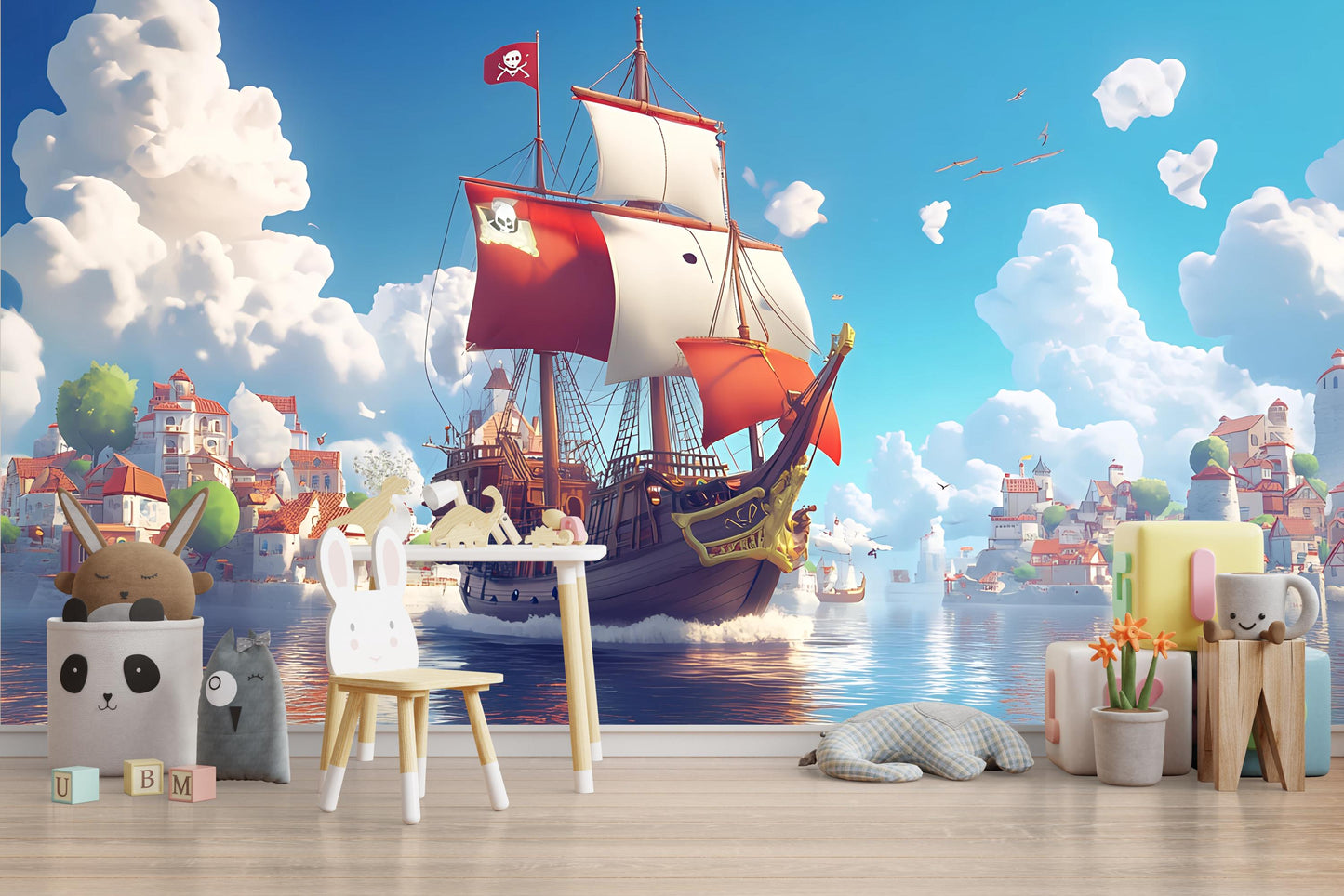 Pirate Ship Wall Mural for Kids Room – Ocean Adventure Wallpaper – Nautical Nursery Decor – Removable Vinyl Art Vn 305