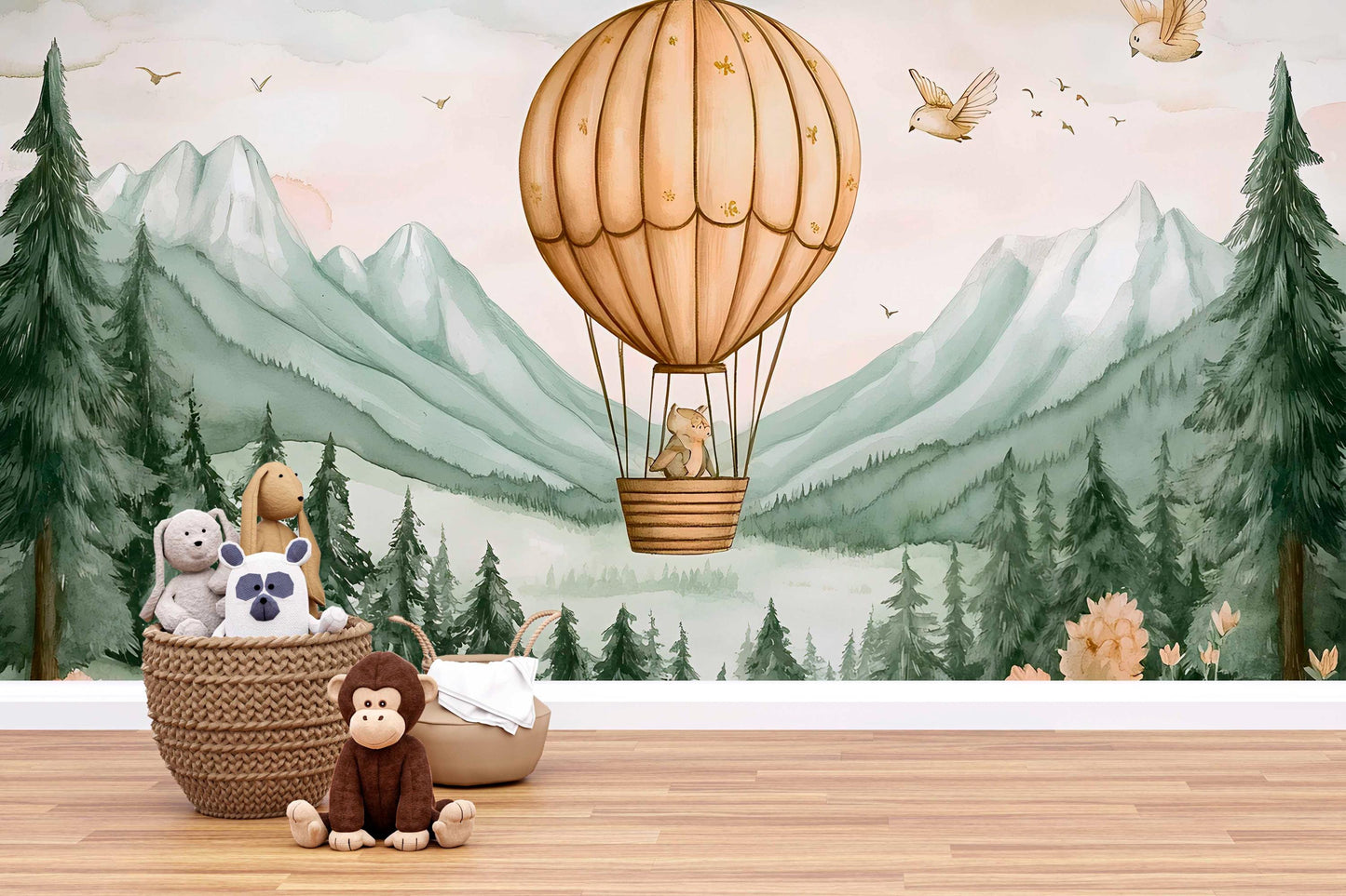 Whimsical Bear Hot Air Balloon Nursery Wall Mural – Forest Mountains Animal Wallpaper for Kids Room Decor Vn447