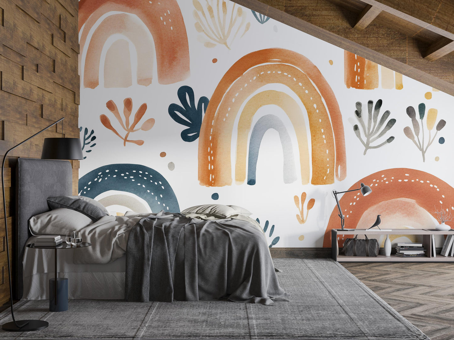 Boho Rainbow Wall Mural | Watercolor Arch Wallpaper | Kids Room Decor | Modern Boho Nursery Wall Art | Removable Peel & Stick Vn396