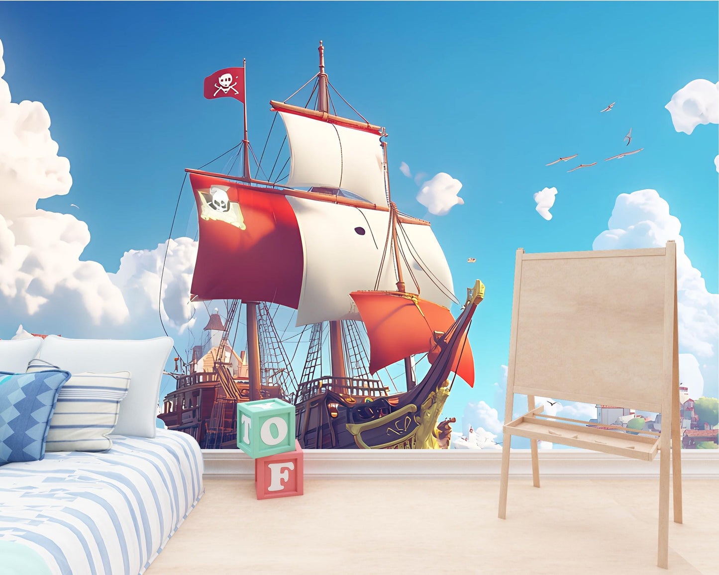 Pirate Ship Wall Mural for Kids Room – Ocean Adventure Wallpaper – Nautical Nursery Decor – Removable Vinyl Art Vn 305