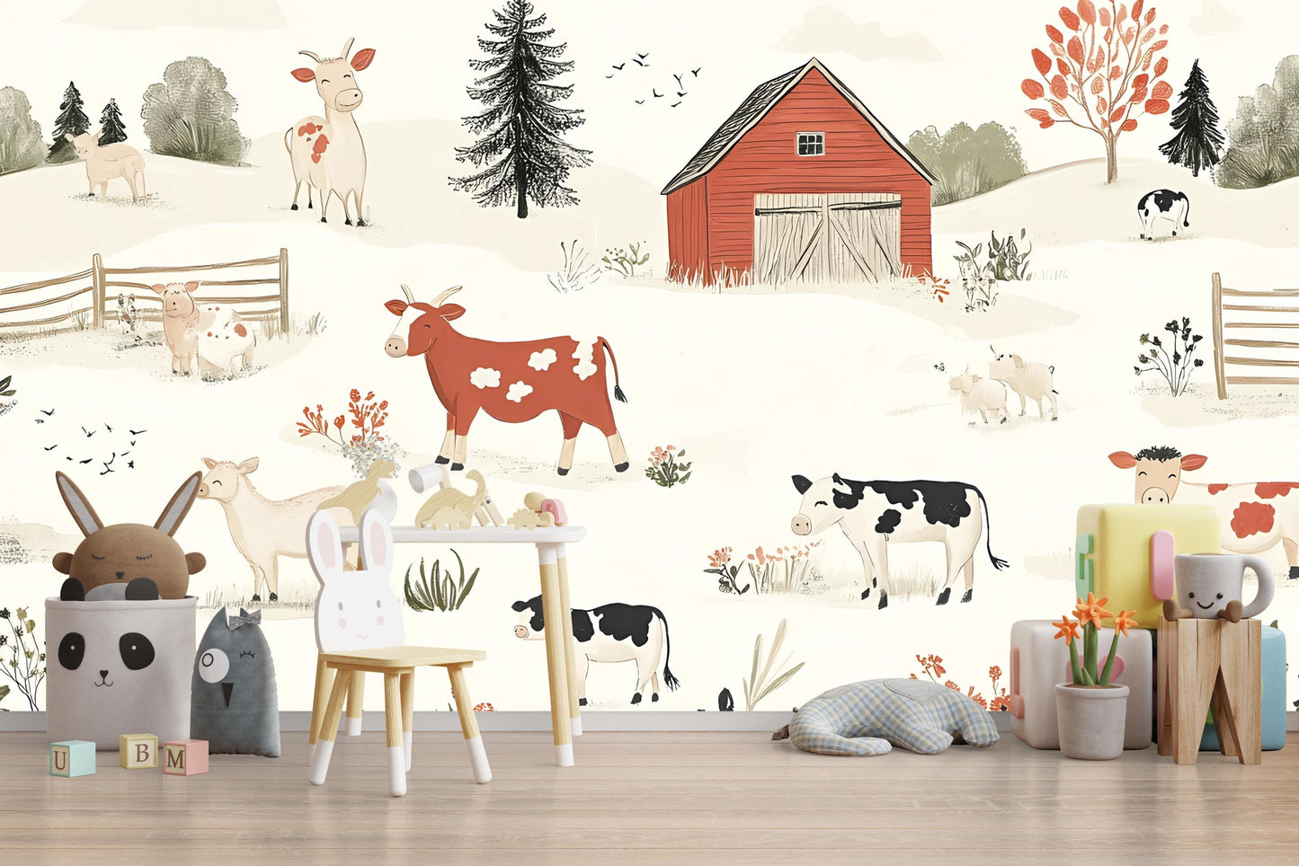 Farm Animal Wall Mural for Kids Room – Cute Cow Barn Nursery Wallpaper – Removable Playroom Decor – Country Farmhouse Art Vn314