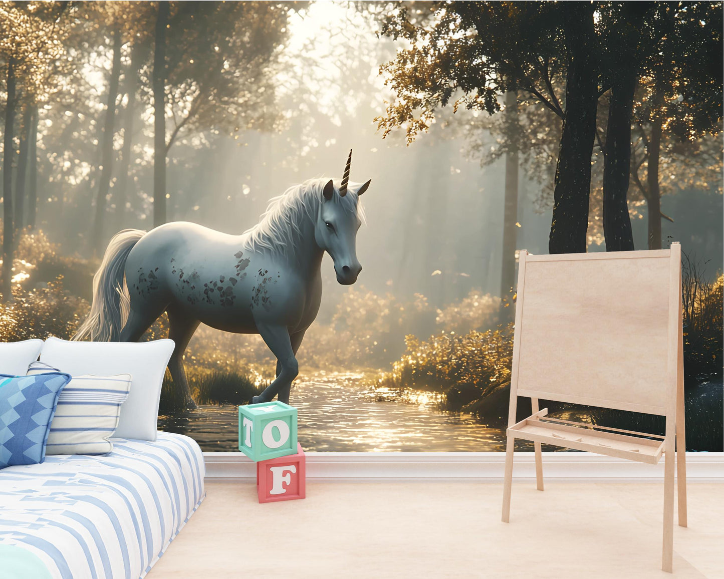 Magical Unicorn Forest Wall Mural for Kids Room | Fantasy Woodland Wallpaper Vn 300