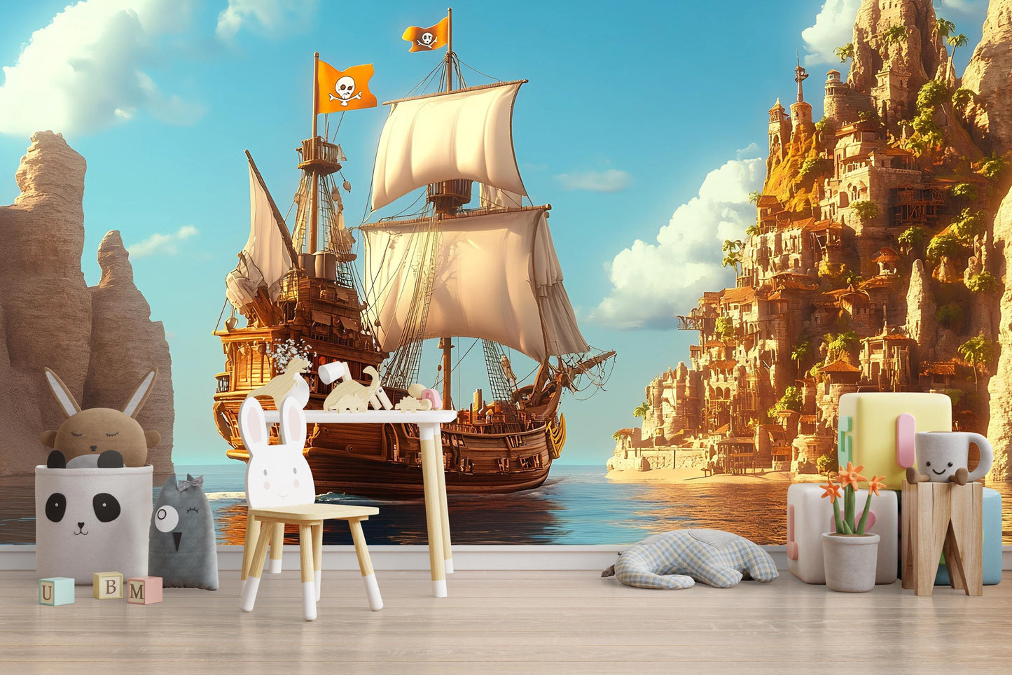 Pirate Ship Wall Mural for Kids Room – Fantasy Ocean Adventure Wallpaper – Large Removable Nursery Decor Vn 310
