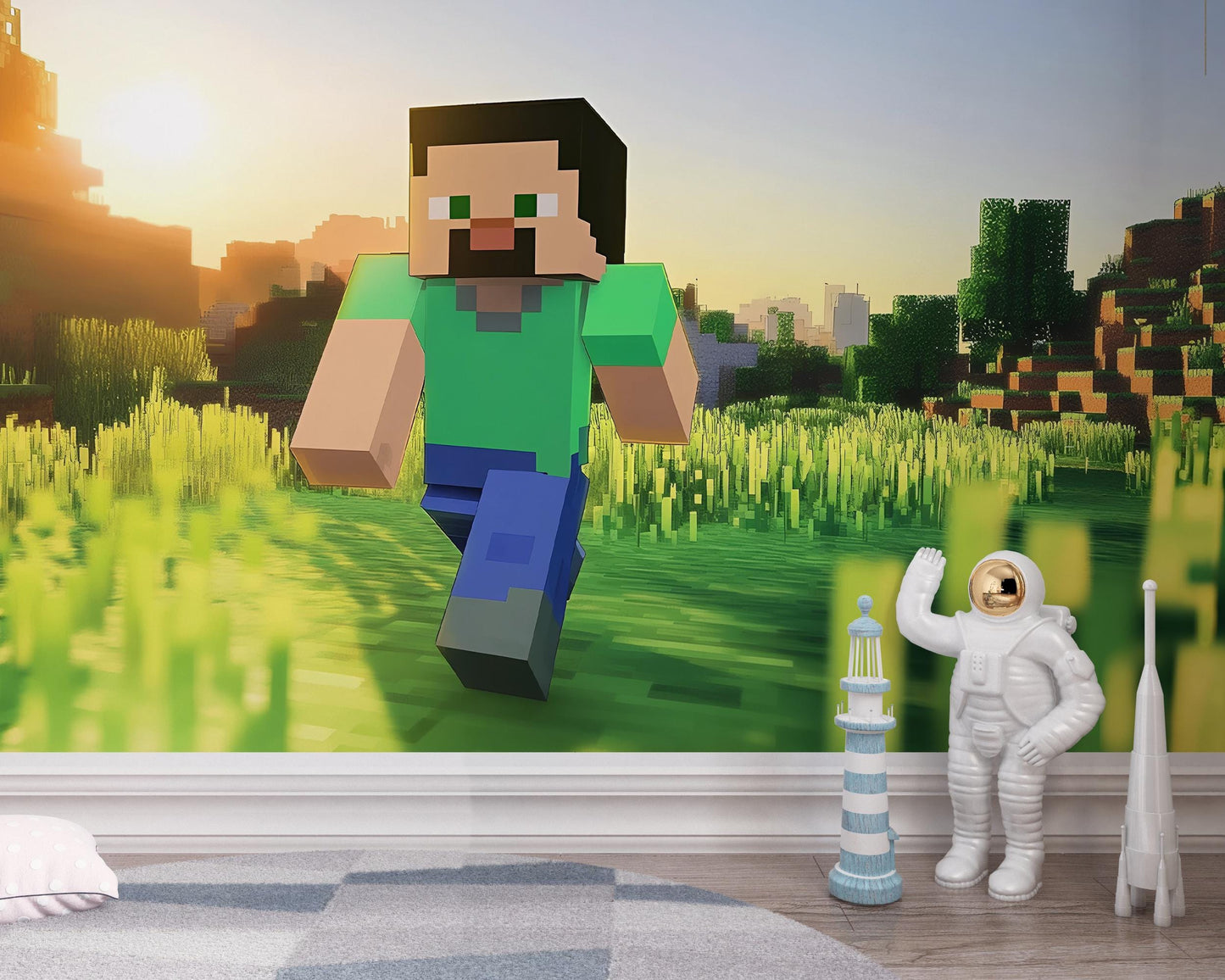 Minecraft Wall Mural for Kids Room – Steve Running Scene Wallpaper – Gamer Bedroom Decor – 3D Video Game Wall Art Vn281