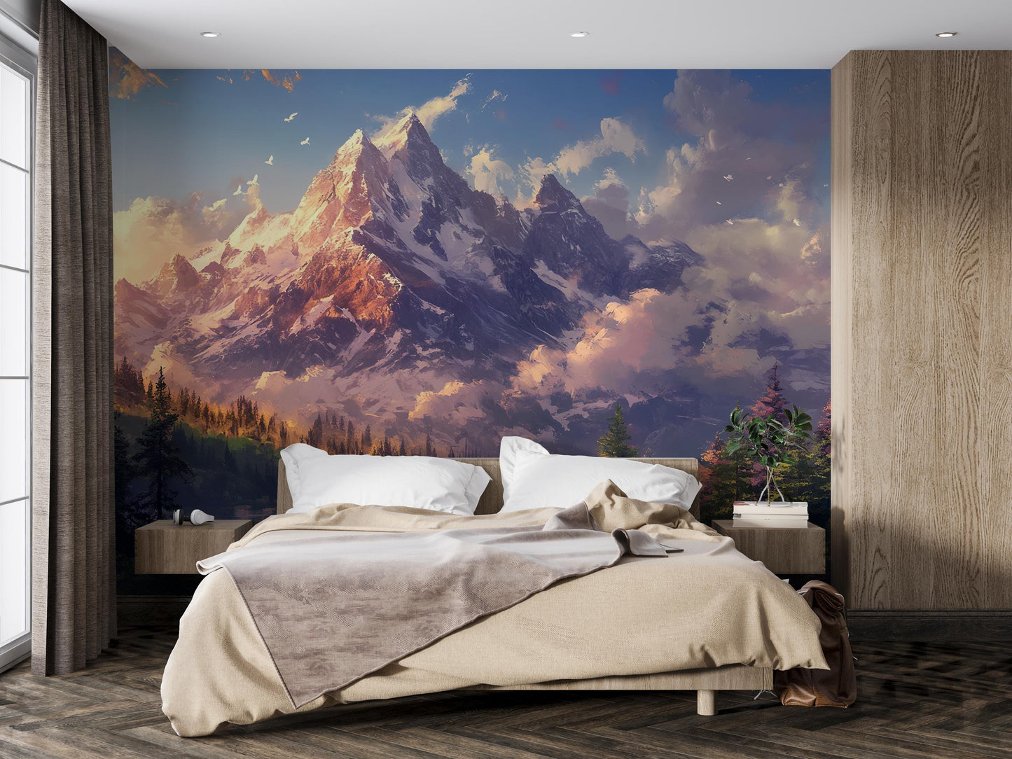 Mountain Wall Mural – Scenic Nature Landscape Wallpaper for Bedroom | Serene Forest & Alpine Peaks | Cozy Cabin Wall Art Décor Vn250