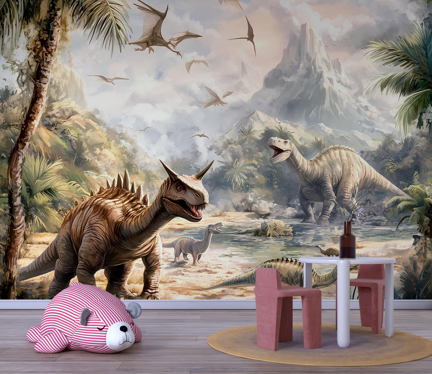 Dinosaur Nursery Wall Mural – Prehistoric Jungle Theme for Baby Room, Boys or Girls Dino Wallpaper Decor Vn006