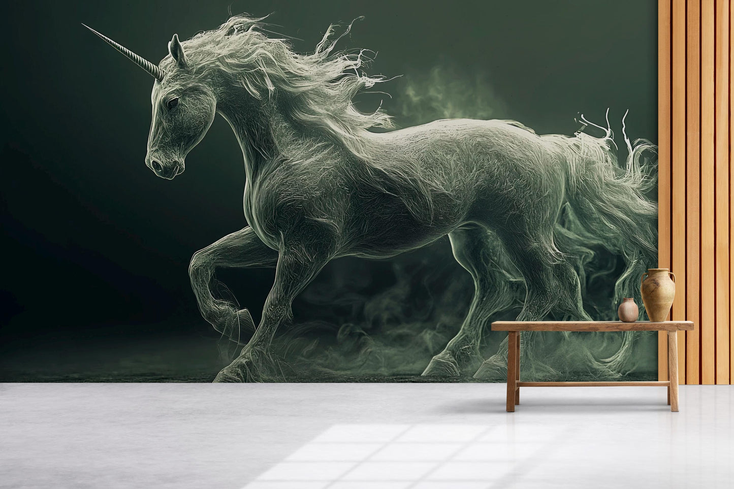 Mystical Ghostly Unicorn Wall Mural - Fantasy Horse Art Wallpaper for Living Room, Magical Creature Decor, Surreal Home Accent Vn 298
