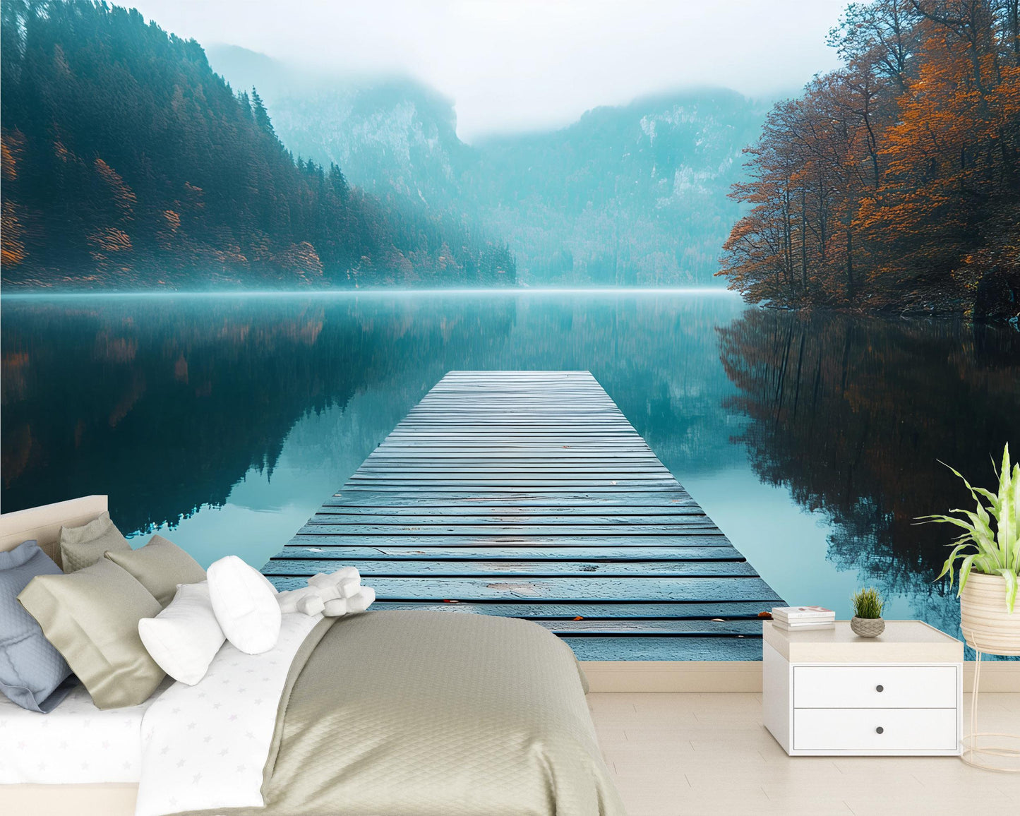 Serene Lake Pier Wall Mural – Tranquil Forest Water Landscape Wallpaper for Bedroom or Living Room Art Vn480