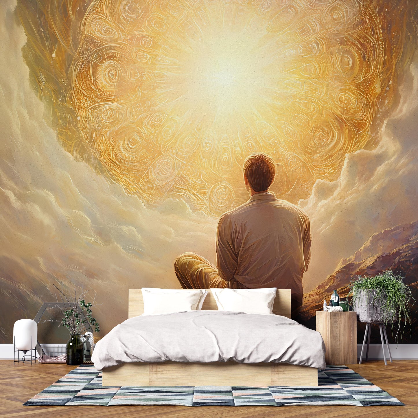 Spiritual Wall Mural for Bedroom – Enlightenment Inspired Art with Man Facing Radiant Light – Dreamy Golden Meditation Decor Vn098