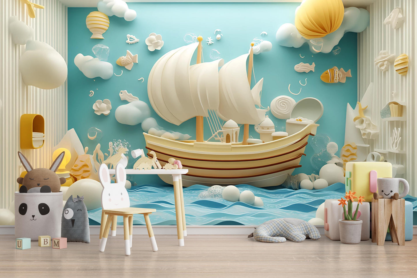 Whimsical Ocean Ship Wall Mural for Kids Room – Nautical 3D Art Print Vn329