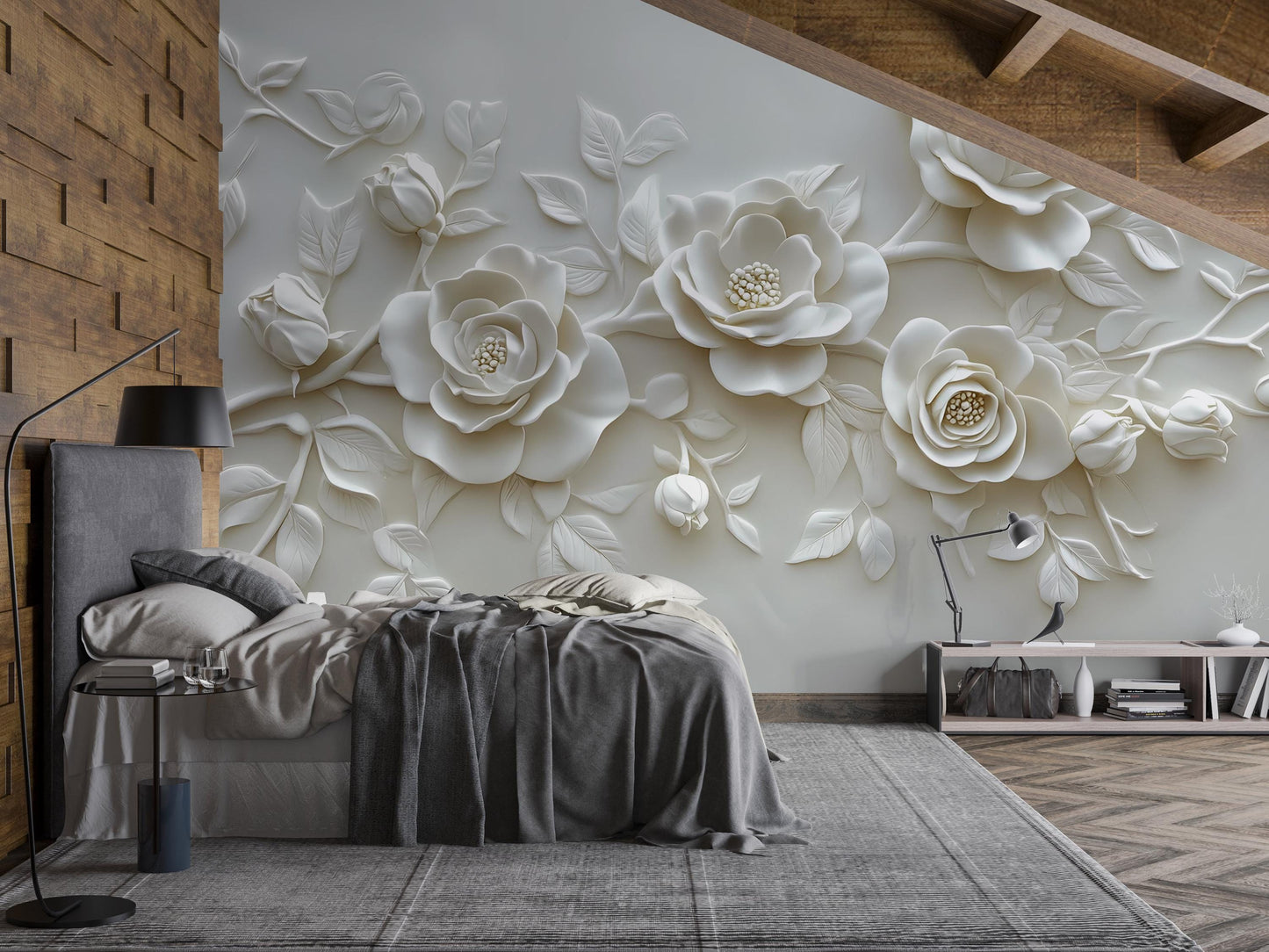 3D Floral Wall Mural for Bedroom – Elegant White Rose Wallpaper – Luxury Textured Flower Wall Art – Romantic Botanical Wall Decor Vn473