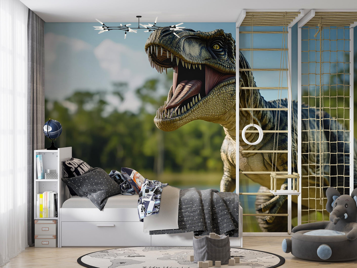 Dinosaur Wall Mural for Kids Room - T-Rex Jungle Scene - Realistic 3D Dino Wallpaper - Boys Bedroom Decor Vn410