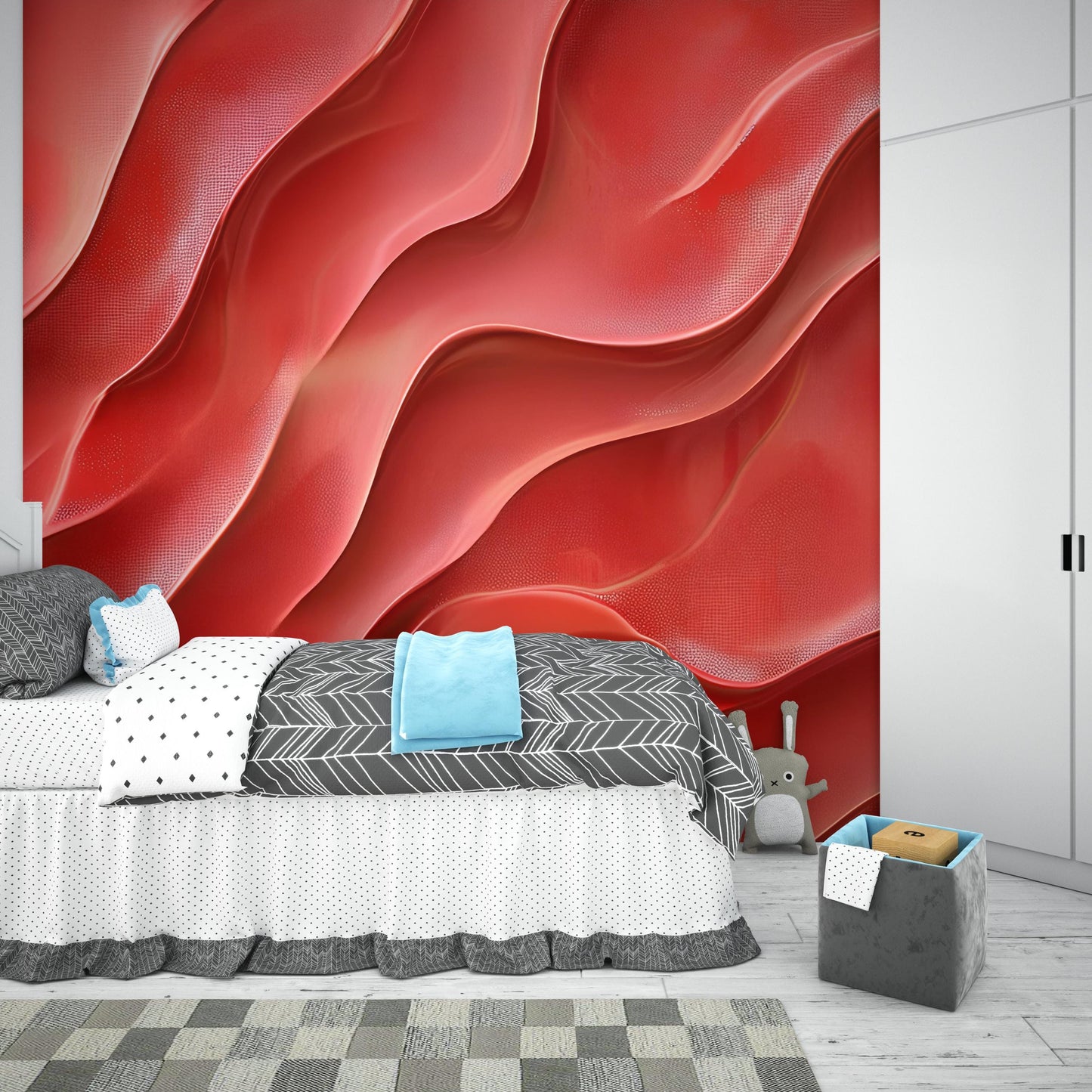 Red Wave 3D Wall Mural | Modern Abstract Wallpaper | Bold Red Accent Wall Art | Bedroom Living Room Decor Vn237