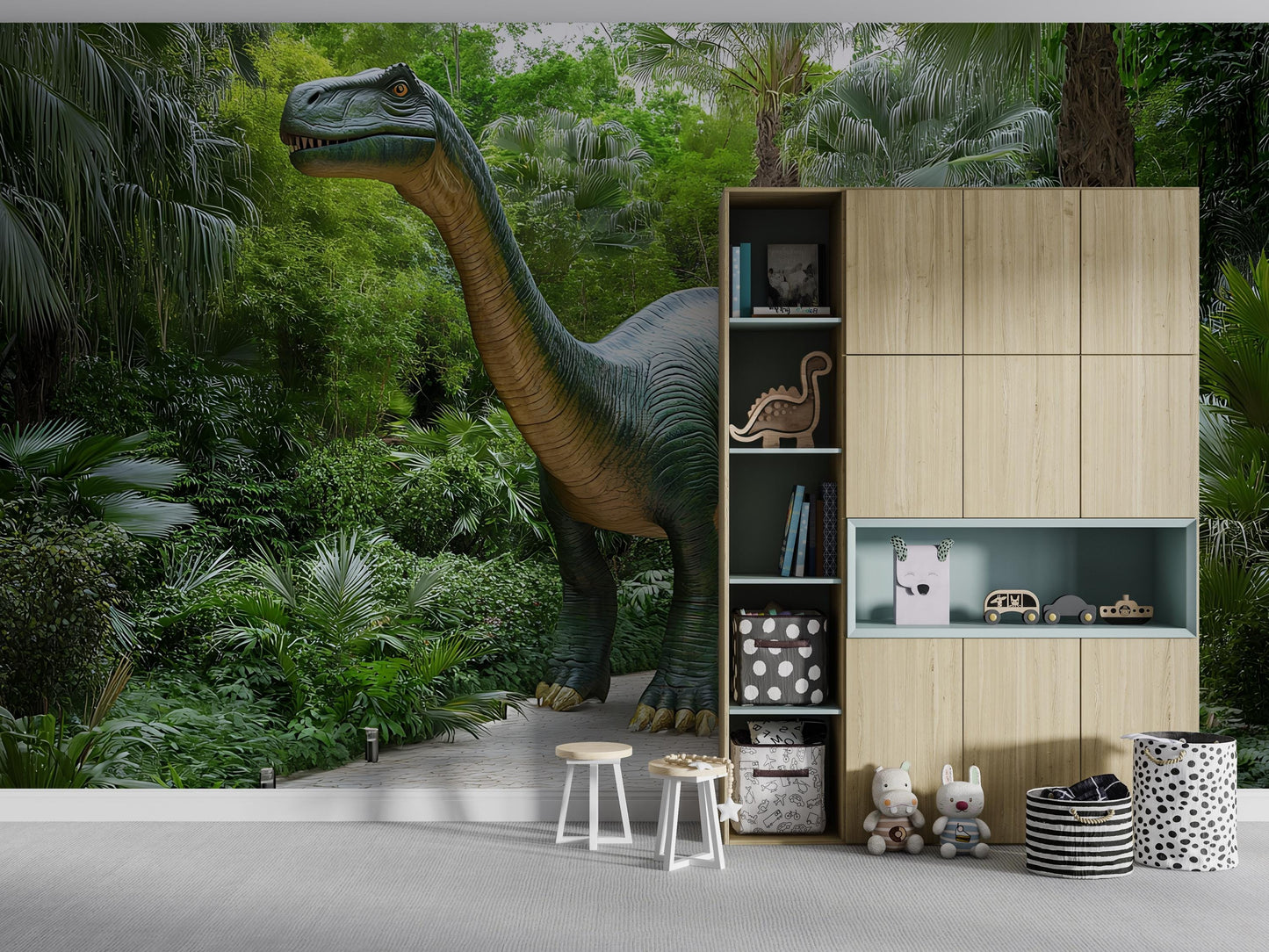 Dinosaur Wall Mural for Kids Room – Jungle Theme Wallpaper with Brachiosaurus | Bold 3D Effect Dino Decor | Removable Peel & Stick Vn406