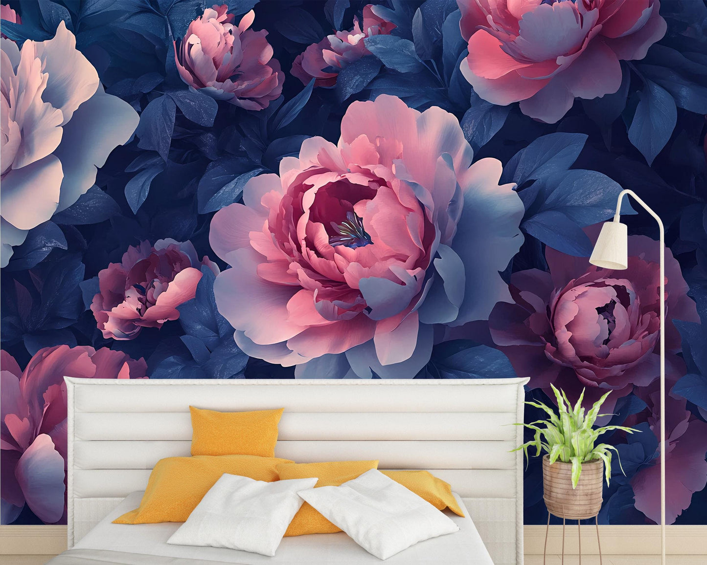 Large Floral Wall Mural | Dark Peony Flower Wallpaper | Romantic Bedroom Wall Art | Removable Peel & Stick Mural Vn466