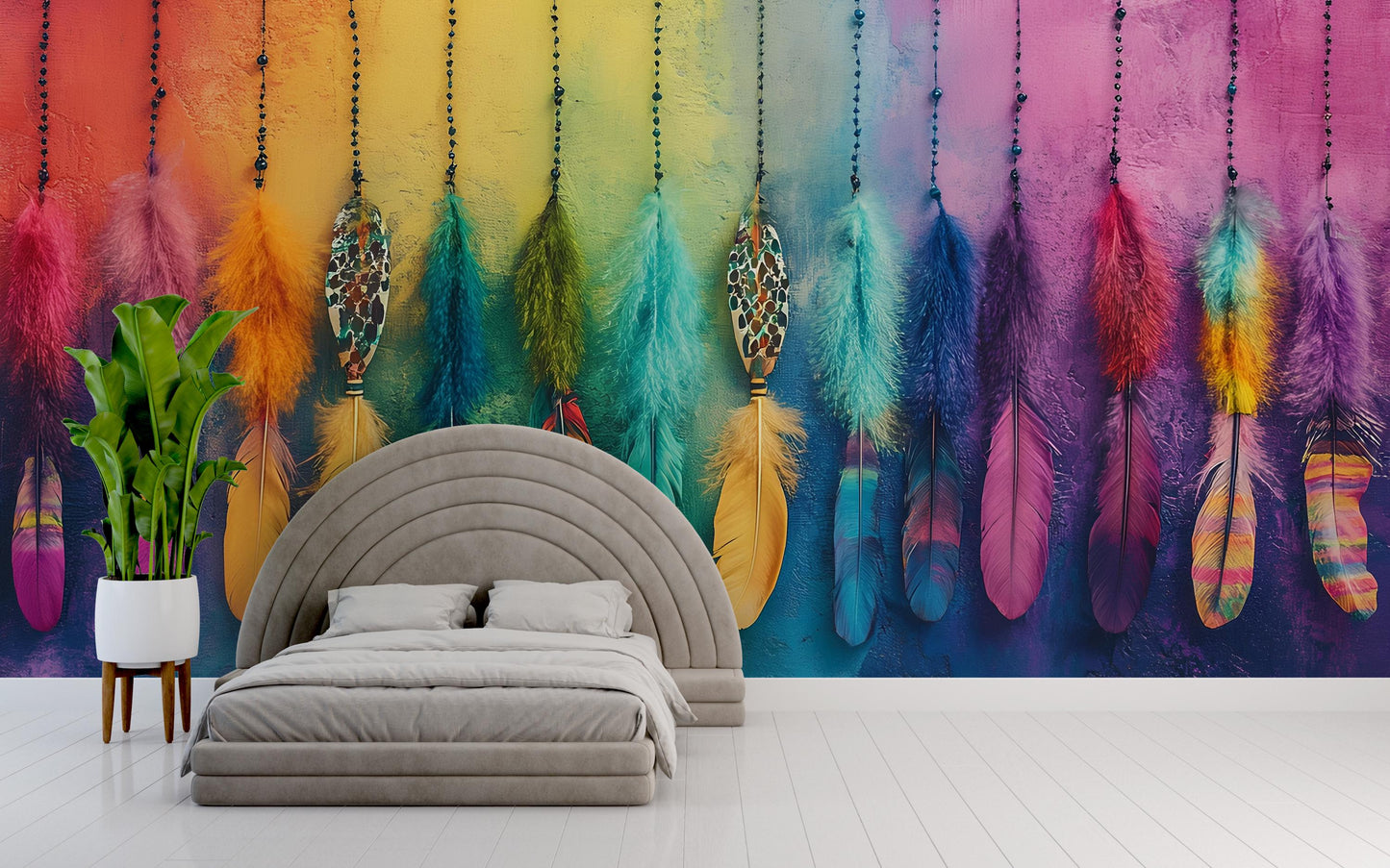 Boho Rainbow Feather Wall Mural | Colorful Feather Art Wallpaper | Vibrant Bedroom Decor | Dreamcatcher-Inspired Accent Wall Vn391