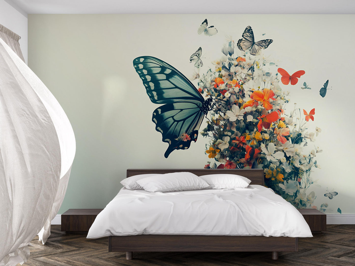 Large Butterfly & Floral Wall Mural – Colorful Nature Wall Art for Living Room or Office Vn484
