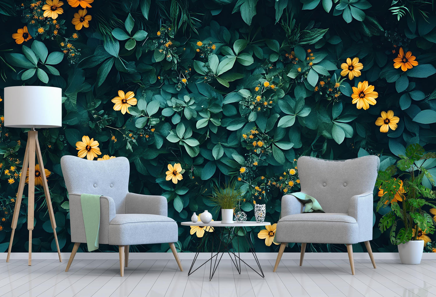 Floral Jungle Wall Mural | Yellow Flowers Botanical Wallpaper | Lush Leafy Nature Art | Modern Botanical Living Room Decor Vn208