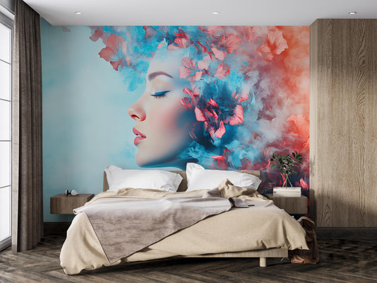 Modern Abstract Woman Face Wall Mural β Colorful Floral Smoke Art Bedroom Decor β Large Peel and Stick Accent Wall Art Vn400