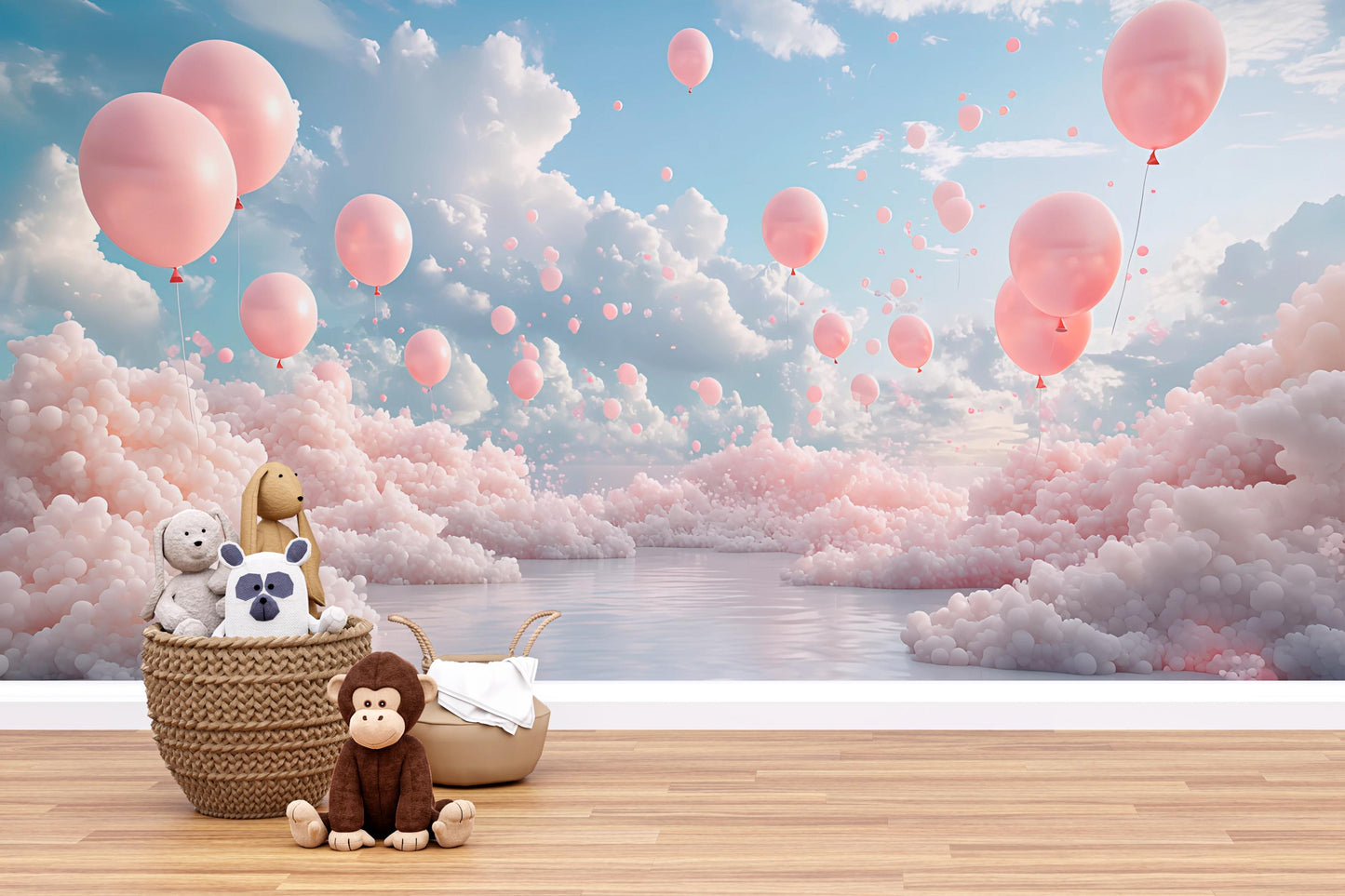 Pink Balloon Cloud Nursery Wall Mural – Dreamy Sky Baby Room Wallpaper Vn256