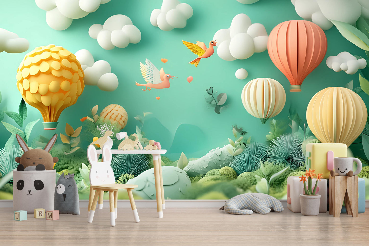 Whimsical Hot Air Balloon Kids Wall Mural – Colorful Nursery Wallpaper – 3D Cartoon Nature Scene – Peel and Stick Mural Vn324
