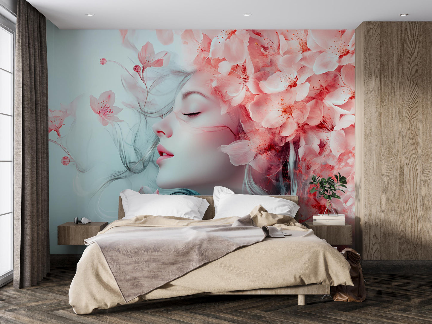 Floral Woman Wall Mural - Soft Pink Blossoms & Dreamy Face Art - Feminine Bedroom Decor - Modern Artistic Flower Wallpaper Vn269