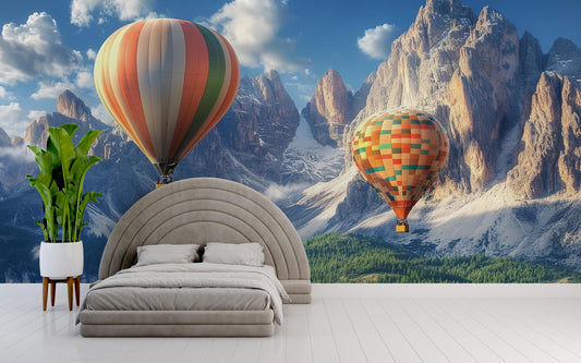 Hot Air Balloon Mountain Wall Mural β Scenic Nature Wallpaper for Kids Bedroom, Nursery, or Playroom β Removable Vinyl Art Vn381