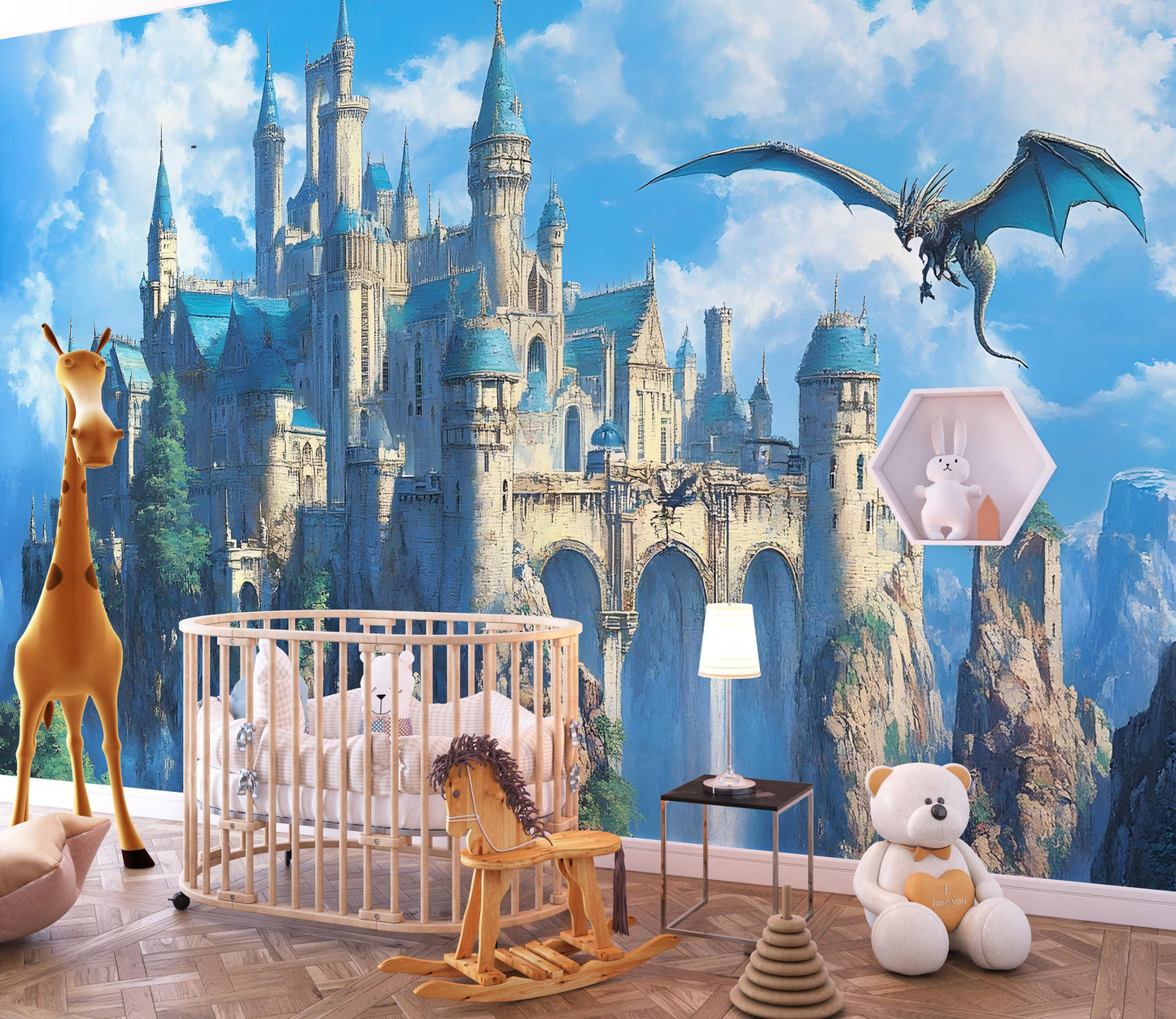 Fantasy Castle Nursery Wall Mural – Dragon & Castle Baby Room Art, Fairytale Themed Wallpaper for Kids Room or Nursery Decor Vn027