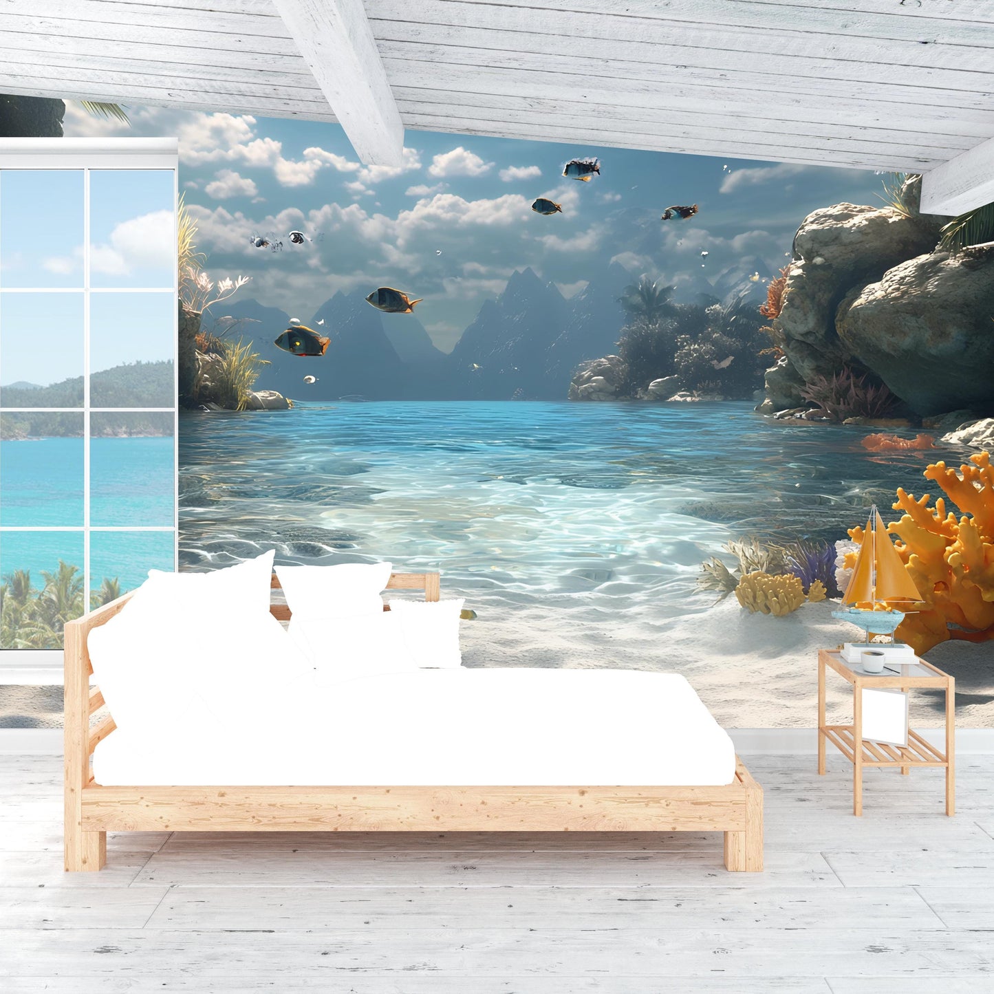 Ocean Paradise Wall Mural | 3D Tropical Beach Wallpaper for Kids Room | Underwater Fish Landscape Bedroom Decor Vn232