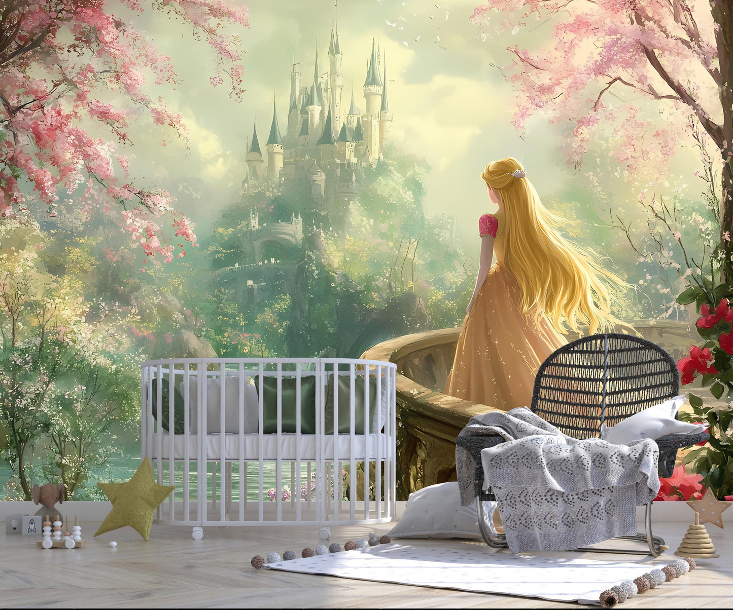 Princess Castle Wall Mural – Fairytale Girl Room Decor, Fantasy Castle Wallpaper for Nursery or Kids Room Vn092