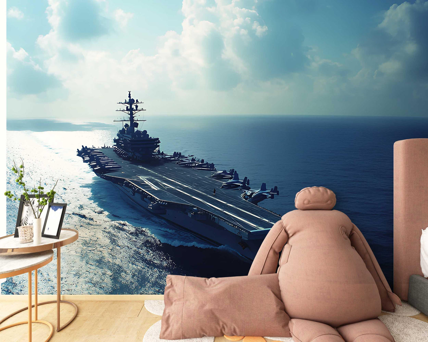 Navy Aircraft Carrier Wall Mural | Modern Military Ocean Theme Wallpaper for Boys Room or Office | Custom Ocean View Wall Art Vn450