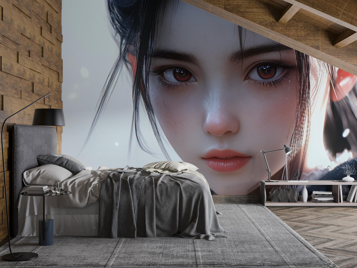 Anime Girl Wall Mural - Large Aesthetic Bedroom Art, 3D Fantasy Face Wallpaper, Modern Anime Home Decor Vn353