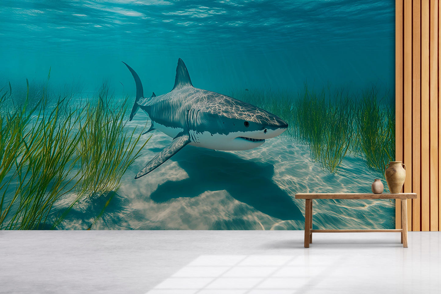 Underwater Shark Wall Mural – Realistic Ocean Wallpaper with Great White Shark – 3D Ocean Scene Accent Wall Vn385