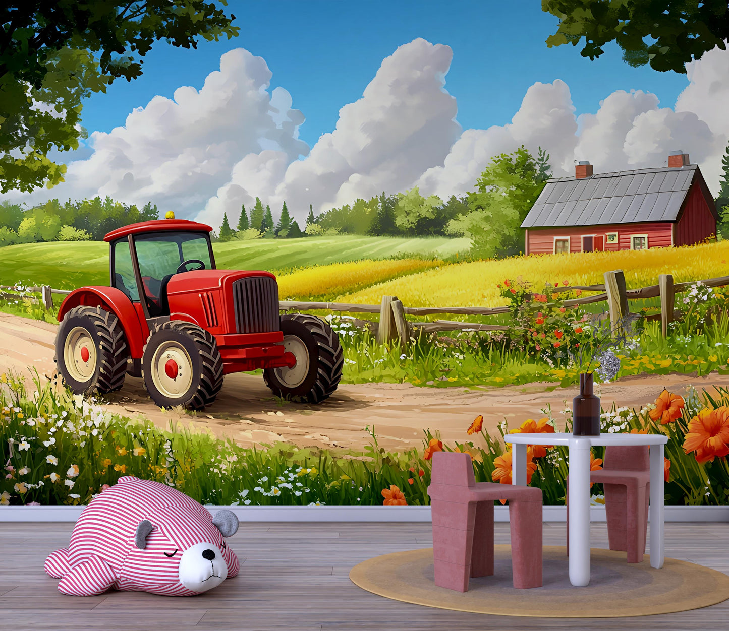 Farm Tractor Wall Mural for Kids Room – Red Tractor & Countryside Scene Vn312