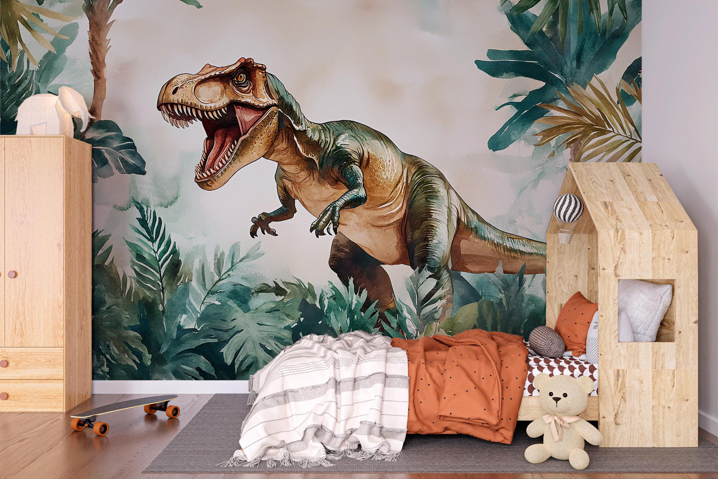 Dinosaur Wall Mural for Kids Room – T-Rex Jungle Wallpaper – Boys Nursery Wall Art – Prehistoric Safari Theme Décor Vn408