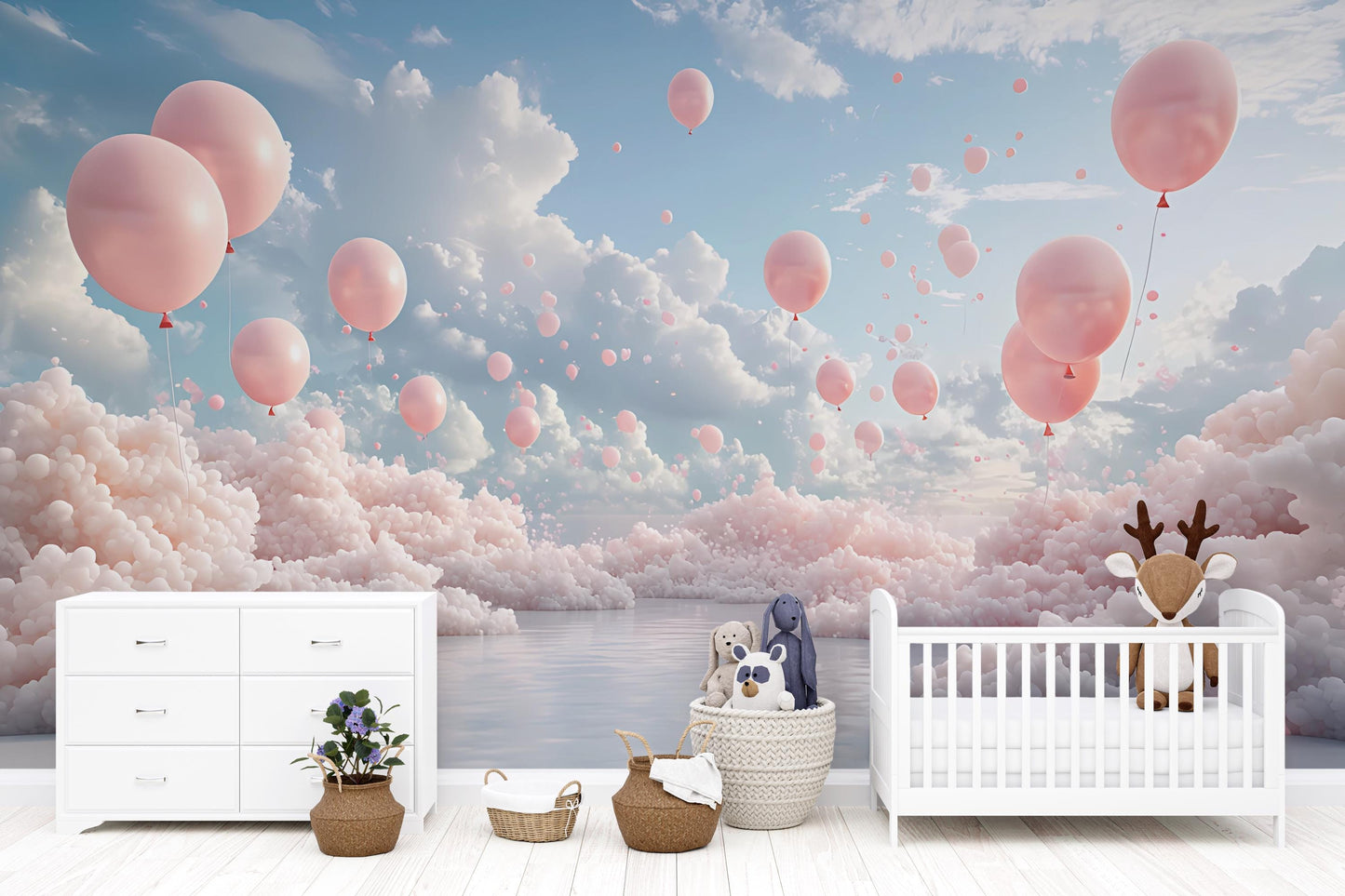 Pink Balloon Cloud Nursery Wall Mural – Dreamy Sky Baby Room Wallpaper Vn256