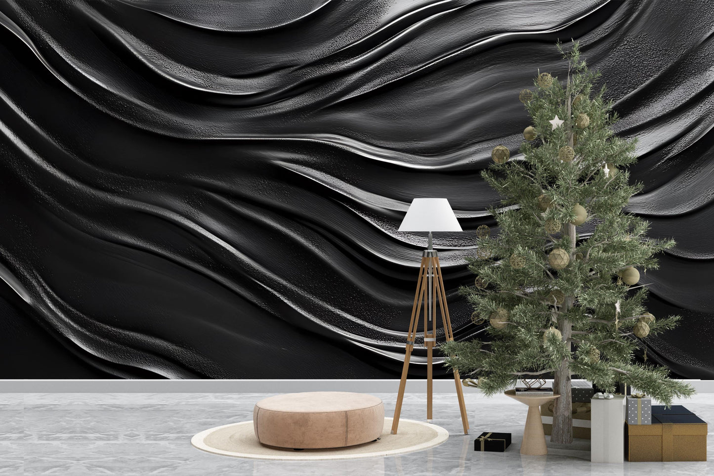 Modern Black Wave Wall Mural – 3D Textured Abstract Wallpaper, Bold Dark Wall Art for Living Room, Bedroom, Office Decor Vn235