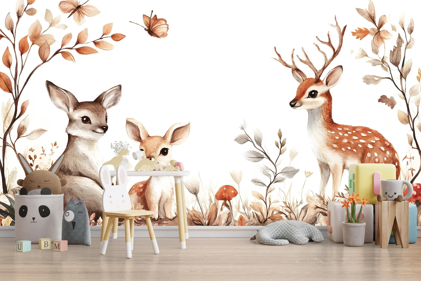 Woodland Deer Nursery Wall Mural, Baby Forest Animal Wallpaper, Neutral Nature Kids Room Decor Vn344
