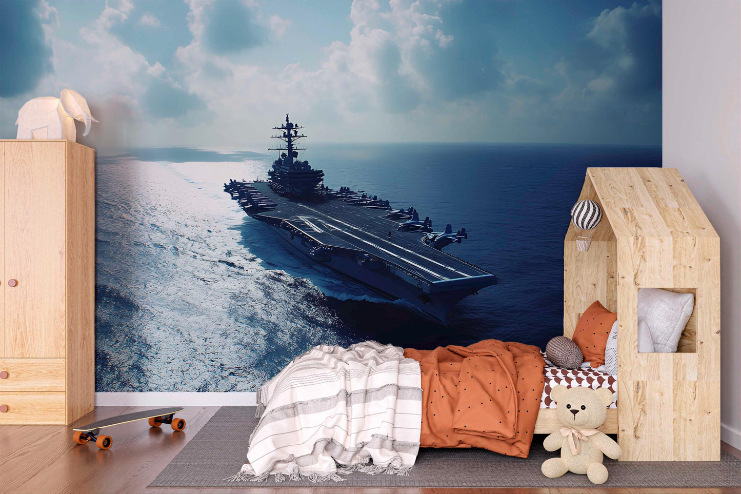 Navy Aircraft Carrier Wall Mural | Modern Military Ocean Theme Wallpaper for Boys Room or Office | Custom Ocean View Wall Art Vn450