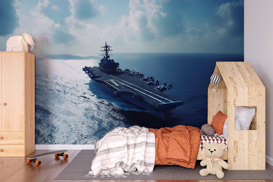 Navy Aircraft Carrier Wall Mural | Modern Military Ocean Theme Wallpaper for Boys Room or Office | Custom Ocean View Wall Art Vn450