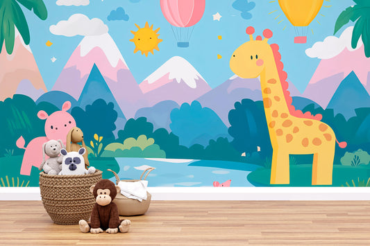 Colorful Jungle Safari Animal Nursery Wall Mural – Giraffe, Elephant, and Hot Air Balloons – Baby Room Wallpaper Art Print Vn435