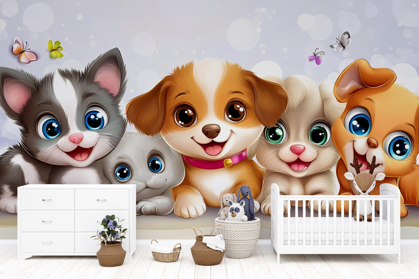 Cute Puppy & Kitten Wall Mural – Cartoon Animal Wallpaper for Nursery, Kids Room Decor – Large Removable Art Print Vn320