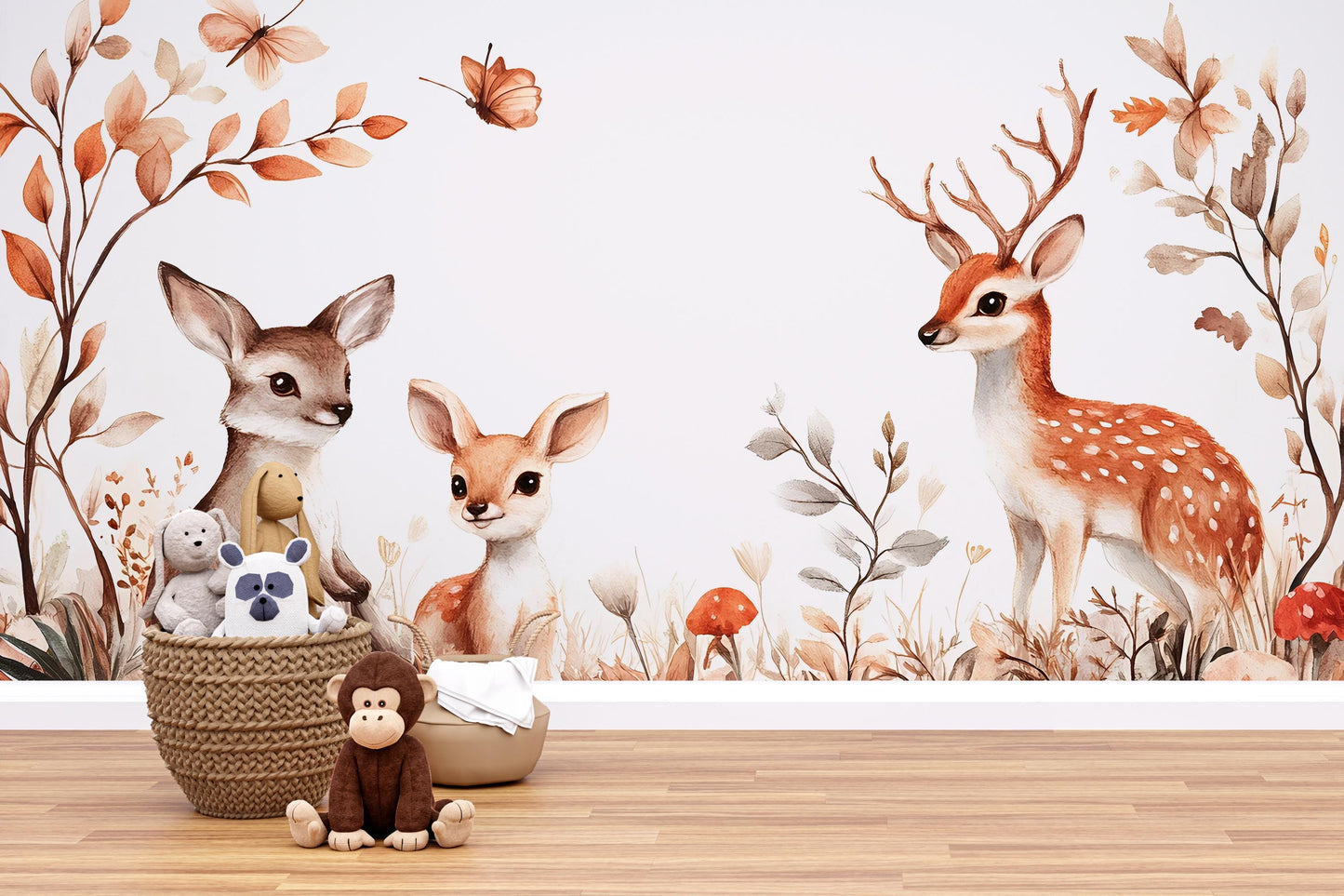 Woodland Deer Nursery Wall Mural, Baby Forest Animal Wallpaper, Neutral Nature Kids Room Decor Vn344