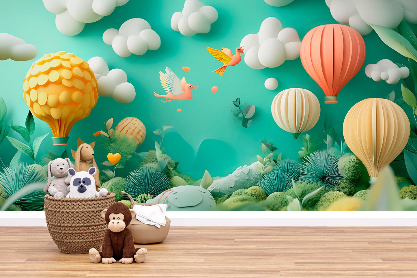 Whimsical Hot Air Balloon Kids Wall Mural – Colorful Nursery Wallpaper – 3D Cartoon Nature Scene – Peel and Stick Mural Vn324