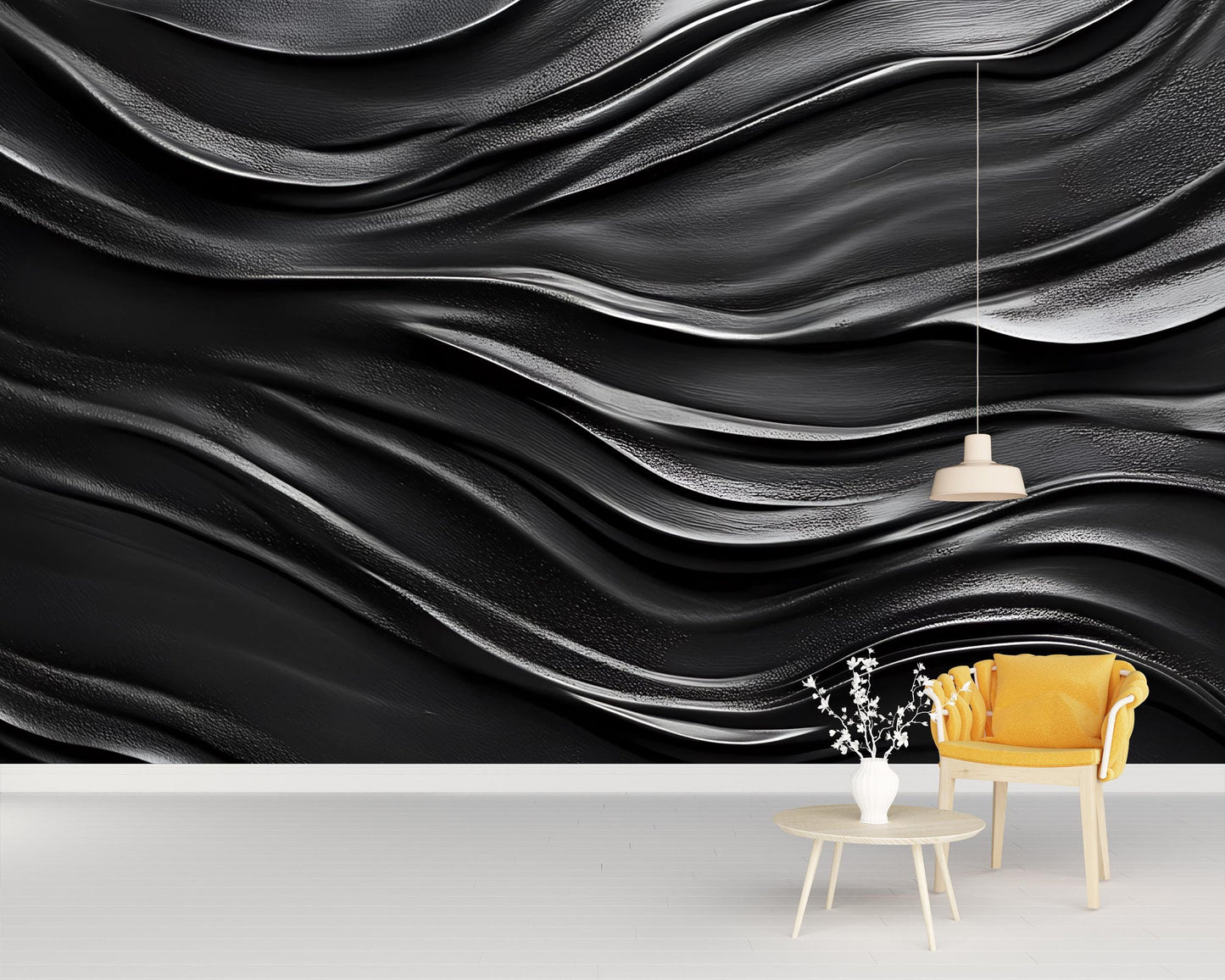Modern Black Wave Wall Mural – 3D Textured Abstract Wallpaper, Bold Dark Wall Art for Living Room, Bedroom, Office Decor Vn235