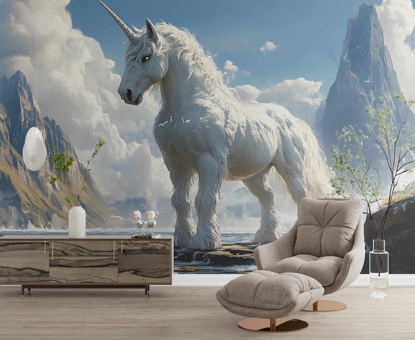 Fantasy Unicorn Wall Mural for Kids Room - Majestic Mythical Horse Wallpaper - Nursery Decor with Hot Air Balloons and Teepee Tent Vn026