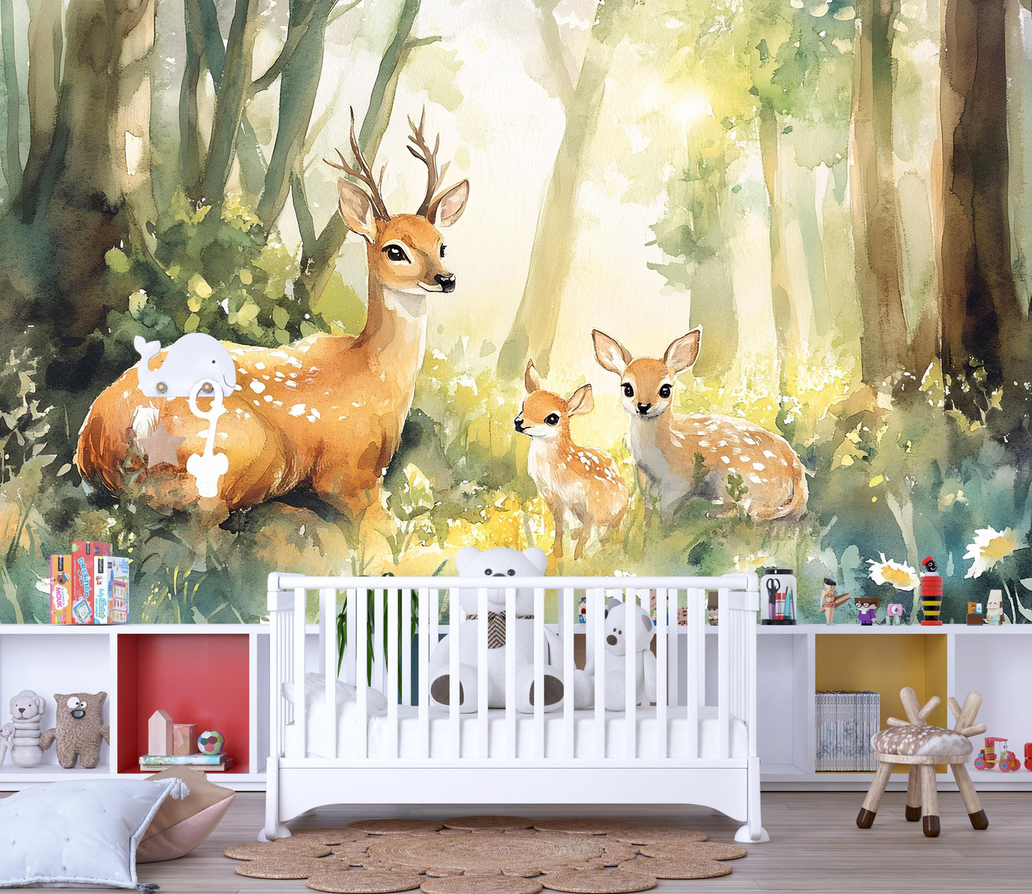 Whimsical Deer Forest Wall Mural for Kids Room – Woodland Nursery Wallpaper – Baby Room Animal Art – Removable Peel and Stick Vn336