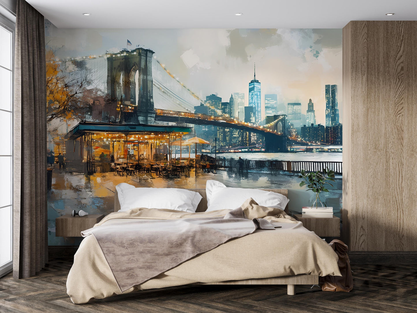 Cityscape Wall Mural - Brooklyn Bridge at Night Art Print Vn370