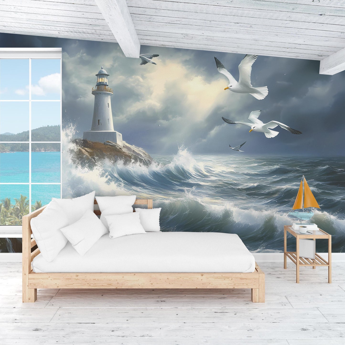 Lighthouse Ocean Wave Wall Mural – Stormy Sea Seagull Art Wallpaper, Coastal Nautical Decor Vn091